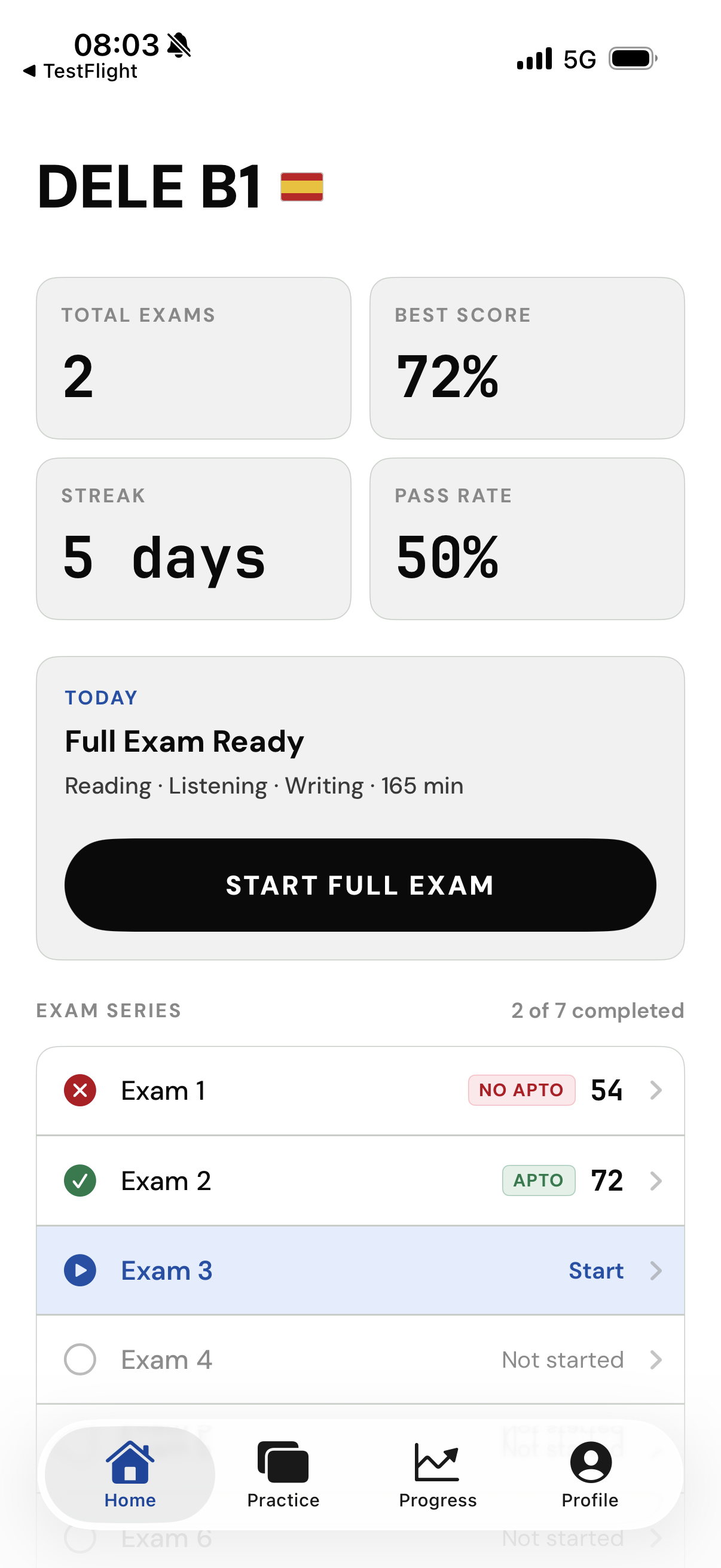 DELE C1 Practice main screen